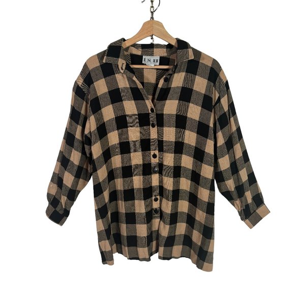 vintage 90s buffalo plaid rayon button shirt M black tan blouse top USA vtg - Picture 7 of 10